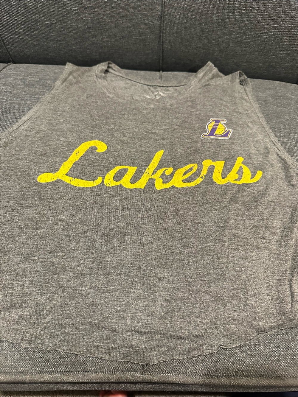 Lakers Gray Muscle Tank Top with Yellow Script - Women's